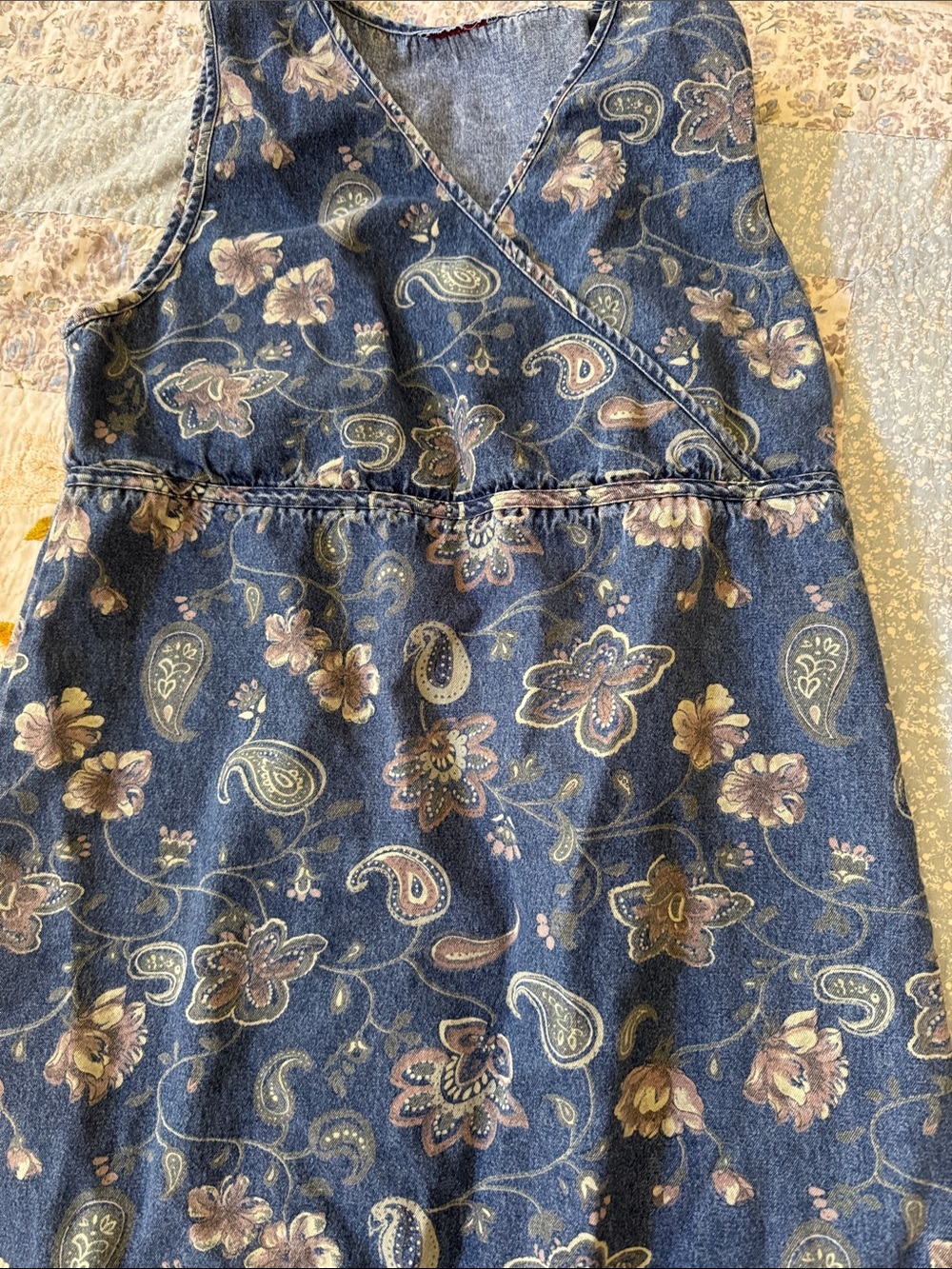 Denim Paisley Floral Sleeveless Dress - Blue with Pink & Cream Accents